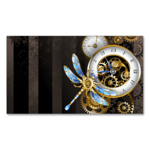 Steampunk Clock with Mechanical Dragonfly Magnetic Business Card