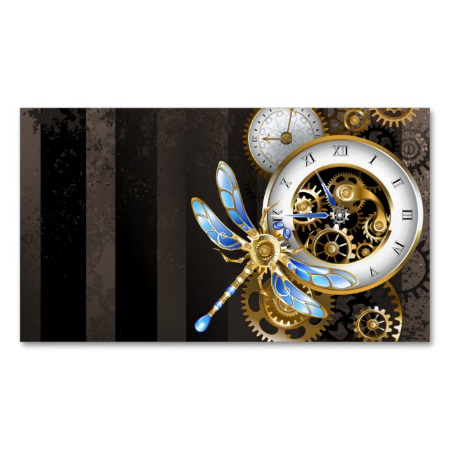 Steampunk Clock with Mechanical Dragonfly Magnetic Business Card (Front)