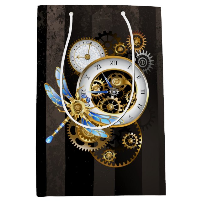 Steampunk Clock with Mechanical Dragonfly Medium Gift Bag (Front)