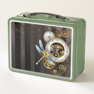 Steampunk Clock with Mechanical Dragonfly Metal Lunch Box
