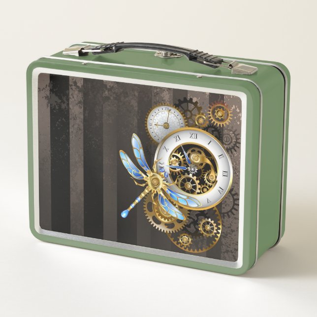 Steampunk Clock with Mechanical Dragonfly Metal Lunch Box (Back)