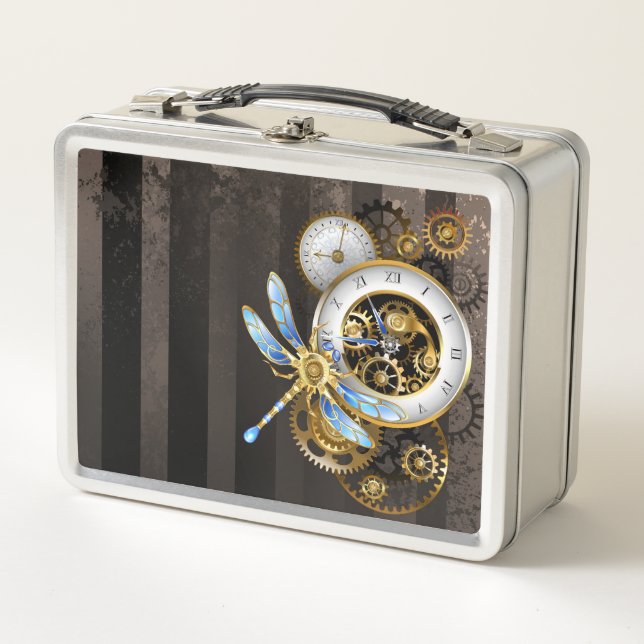 Steampunk Clock with Mechanical Dragonfly Metal Lunch Box (Front)