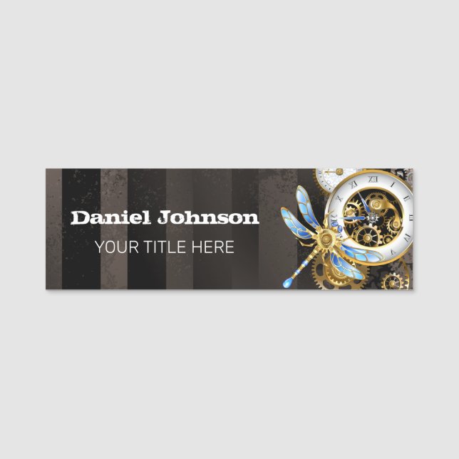 Steampunk Clock with Mechanical Dragonfly Name Tag (Front)