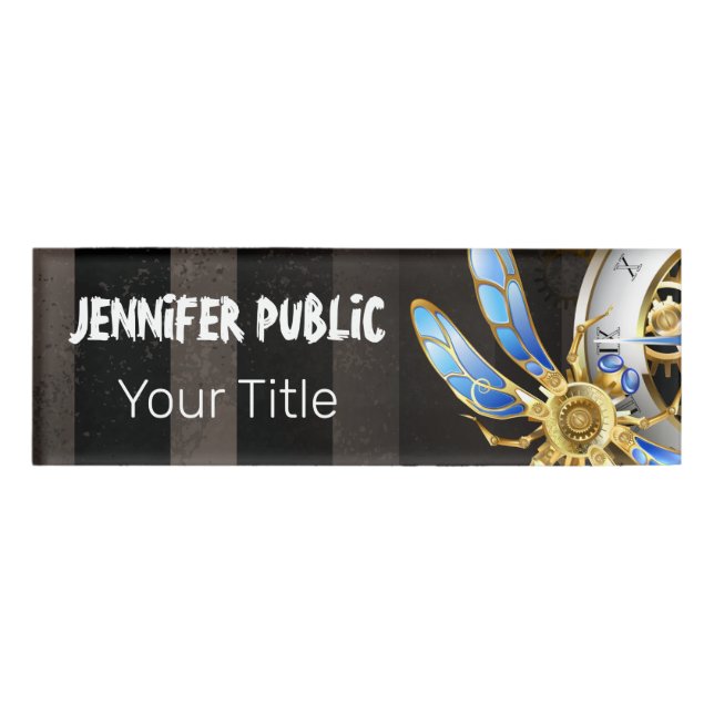 Steampunk Clock with Mechanical Dragonfly Name Tag (Front)