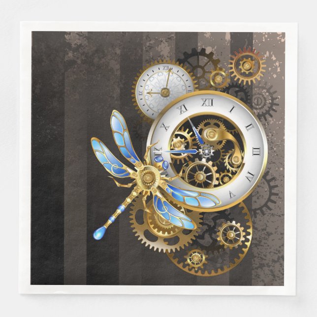 Steampunk Clock with Mechanical Dragonfly Napkin (Front)