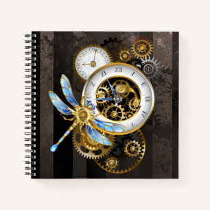 Steampunk Clock with Mechanical Dragonfly Notebook