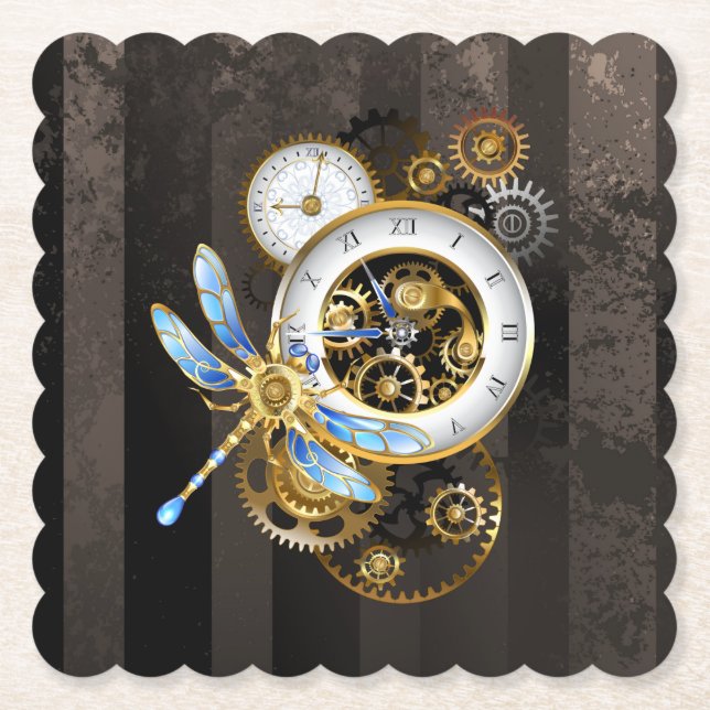 Steampunk Clock with Mechanical Dragonfly Paper Coaster (Front)