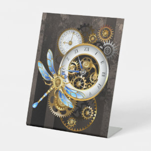 Steampunk Clock with Mechanical Dragonfly Pedestal Sign