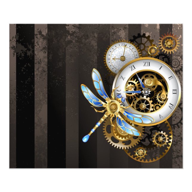 Steampunk Clock with Mechanical Dragonfly Photo Print (Front)