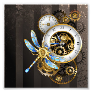 Steampunk Clock with Mechanical Dragonfly Photo Print