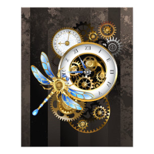 Steampunk Clock with Mechanical Dragonfly Photo Print