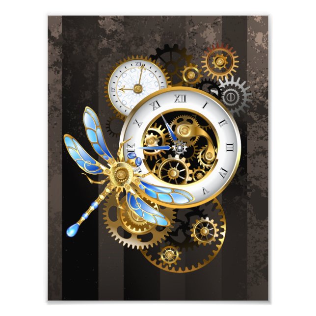 Steampunk Clock with Mechanical Dragonfly Photo Print (Front)