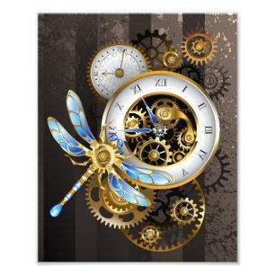 Steampunk Clock with Mechanical Dragonfly Photo Print