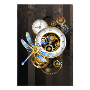 Steampunk Clock with Mechanical Dragonfly Photo Print