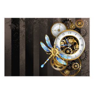 Steampunk Clock with Mechanical Dragonfly Photo Print