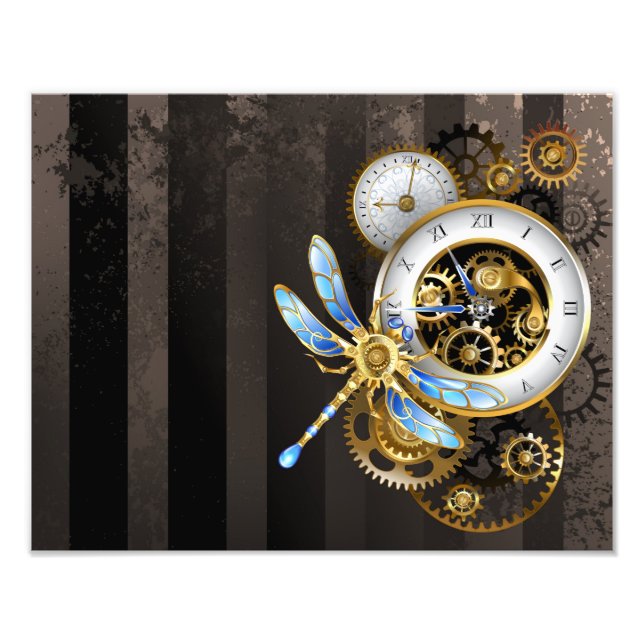 Steampunk Clock with Mechanical Dragonfly Photo Print (Front)
