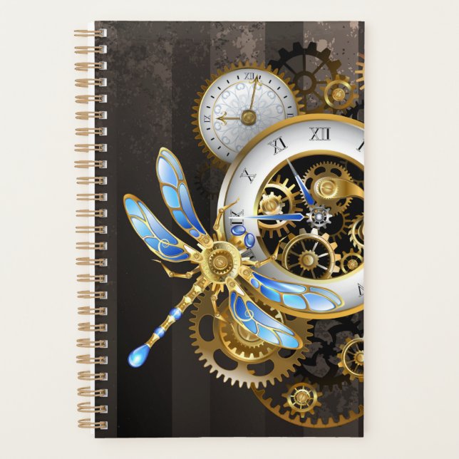 Steampunk Clock with Mechanical Dragonfly Planner (Front)
