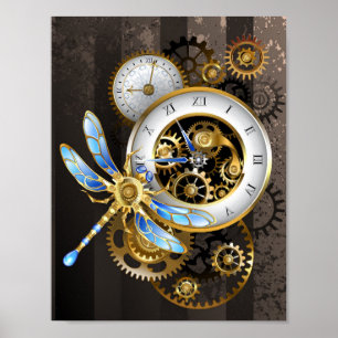 Steampunk Clock with Mechanical Dragonfly Poster