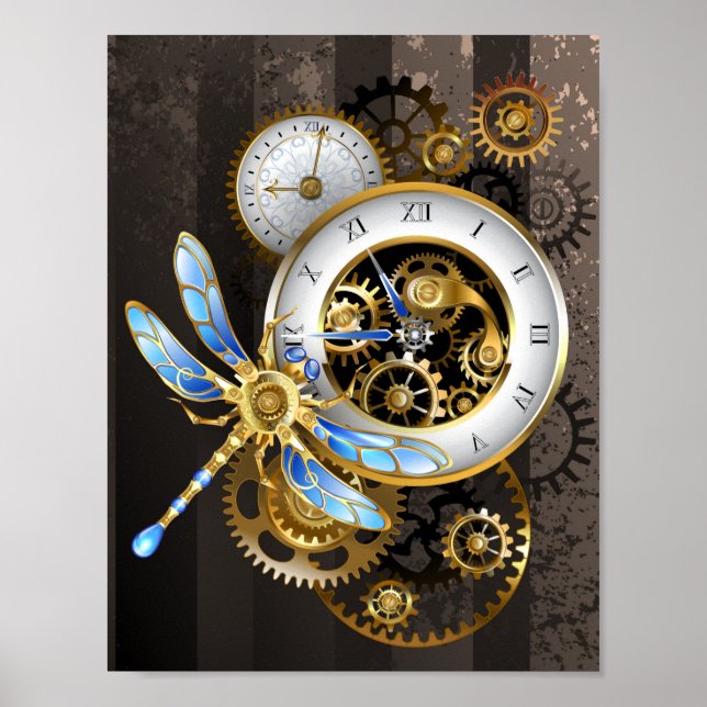 Steampunk Clock with Mechanical Dragonfly Poster (Front)