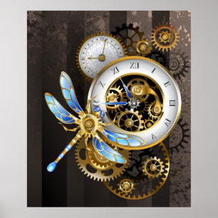 Steampunk Clock with Mechanical Dragonfly Poster