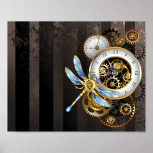 Steampunk Clock with Mechanical Dragonfly Poster