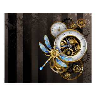 Steampunk Clock with Mechanical Dragonfly Poster