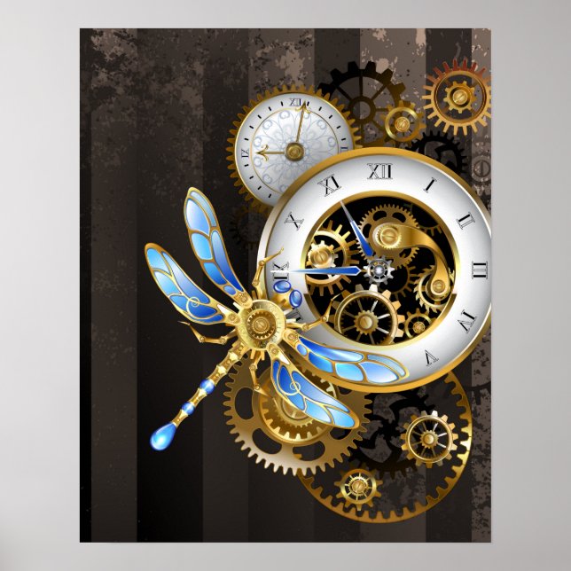 Steampunk Clock with Mechanical Dragonfly Poster (Front)