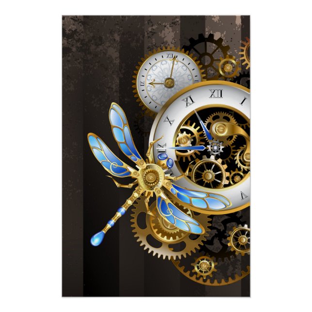 Steampunk Clock with Mechanical Dragonfly Poster (Front)
