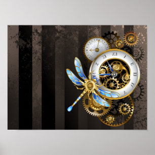 Steampunk Clock with Mechanical Dragonfly Poster