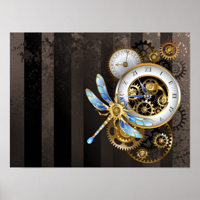 Steampunk Clock with Mechanical Dragonfly Poster (Front)