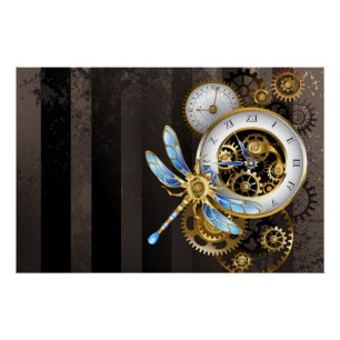 Steampunk Clock with Mechanical Dragonfly Poster