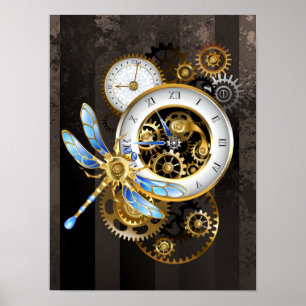 Steampunk Clock with Mechanical Dragonfly Poster