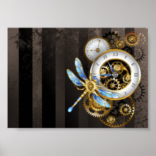 Steampunk Clock with Mechanical Dragonfly Poster