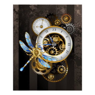 Steampunk Clock with Mechanical Dragonfly Poster