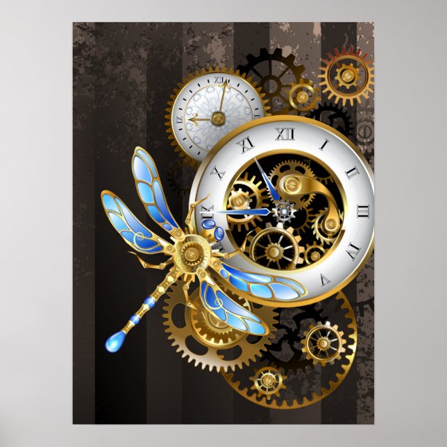 Steampunk Clock with Mechanical Dragonfly Poster (Front)