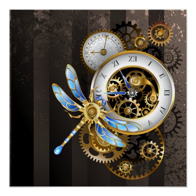Steampunk Clock with Mechanical Dragonfly Poster (Front)