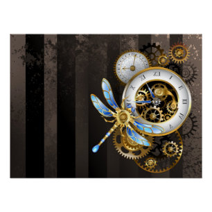 Steampunk Clock with Mechanical Dragonfly Poster