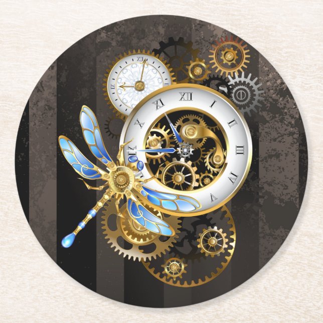 Steampunk Clock with Mechanical Dragonfly Round Paper Coaster (Front)
