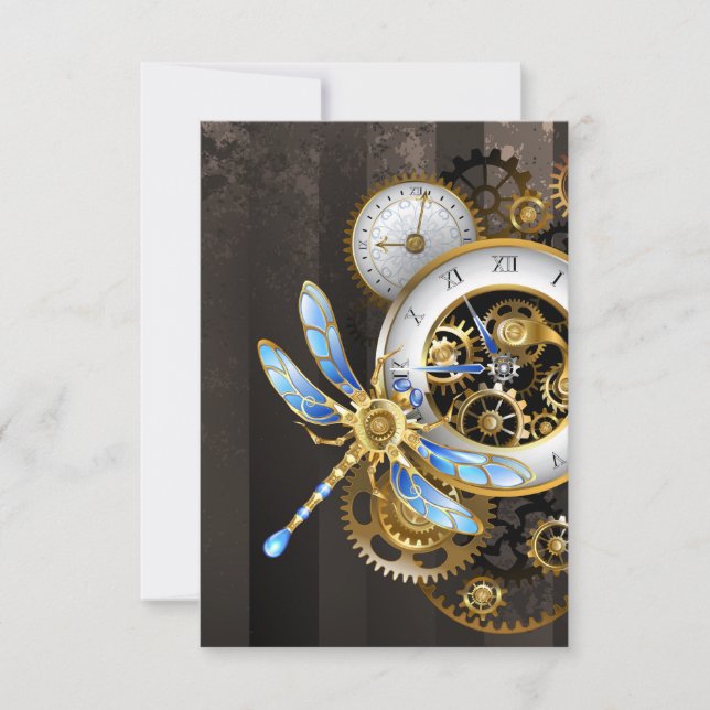 Steampunk Clock with Mechanical Dragonfly RSVP Card (Front)