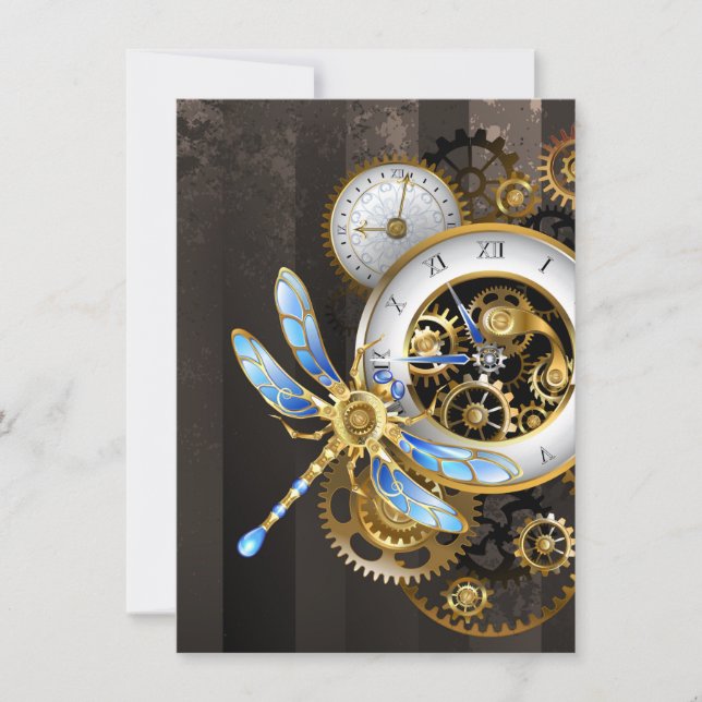 Steampunk Clock with Mechanical Dragonfly Save The Date (Front)