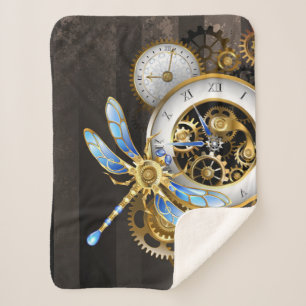 Steampunk Clock with Mechanical Dragonfly Sherpa Blanket