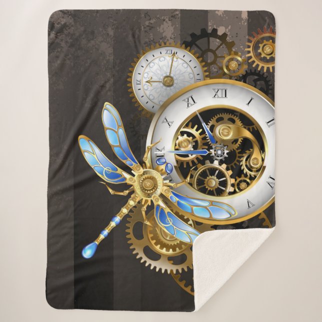 Steampunk Clock with Mechanical Dragonfly Sherpa Blanket (Front)