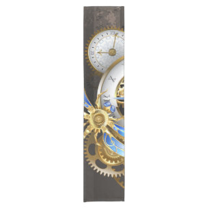 Steampunk Clock with Mechanical Dragonfly Short Table Runner