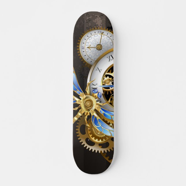 Steampunk Clock with Mechanical Dragonfly Skateboard (Front)