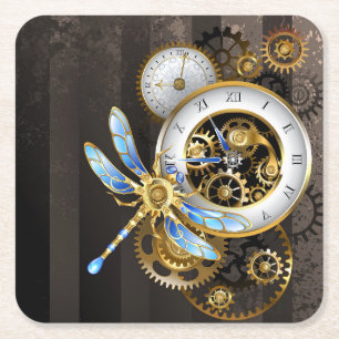 Steampunk Clock with Mechanical Dragonfly Square Paper Coaster