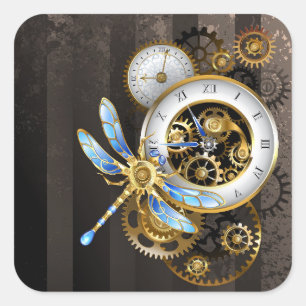 Steampunk Clock with Mechanical Dragonfly Square Sticker