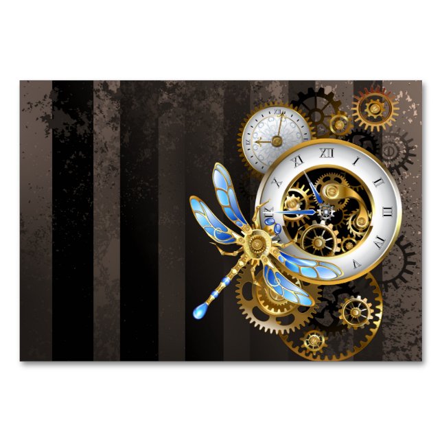 Steampunk Clock with Mechanical Dragonfly Table Number (Front)