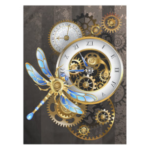Steampunk Clock with Mechanical Dragonfly Tablecloth