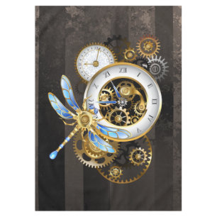 Steampunk Clock with Mechanical Dragonfly Tablecloth