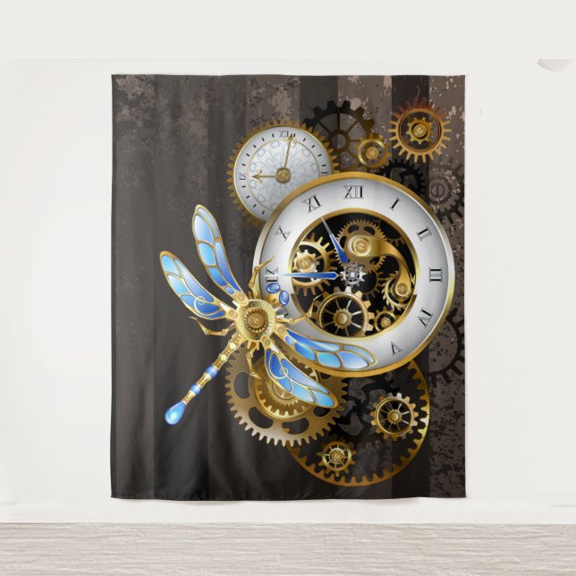 Steampunk Clock with Mechanical Dragonfly Tapestry (Front)